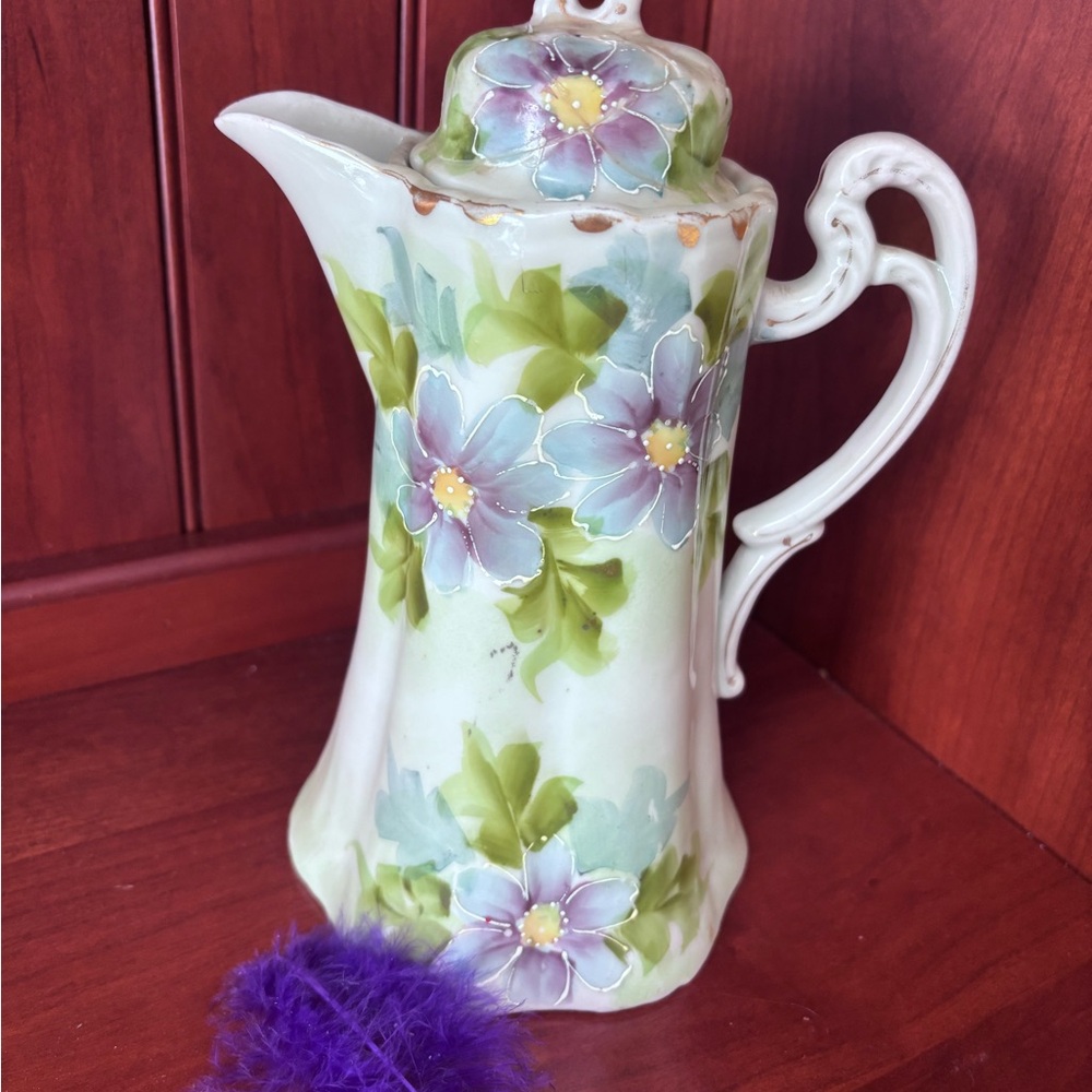 Antique Blue Purple & Green Floral Enamel Porcelain Chocolate Pot ~ Signed Japan